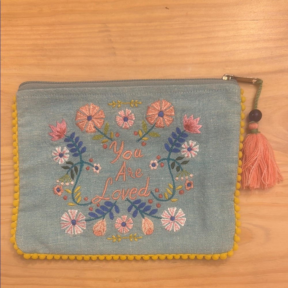 You Are Loved Linen Embroidered Floral Jewelry Pouch with Tassel